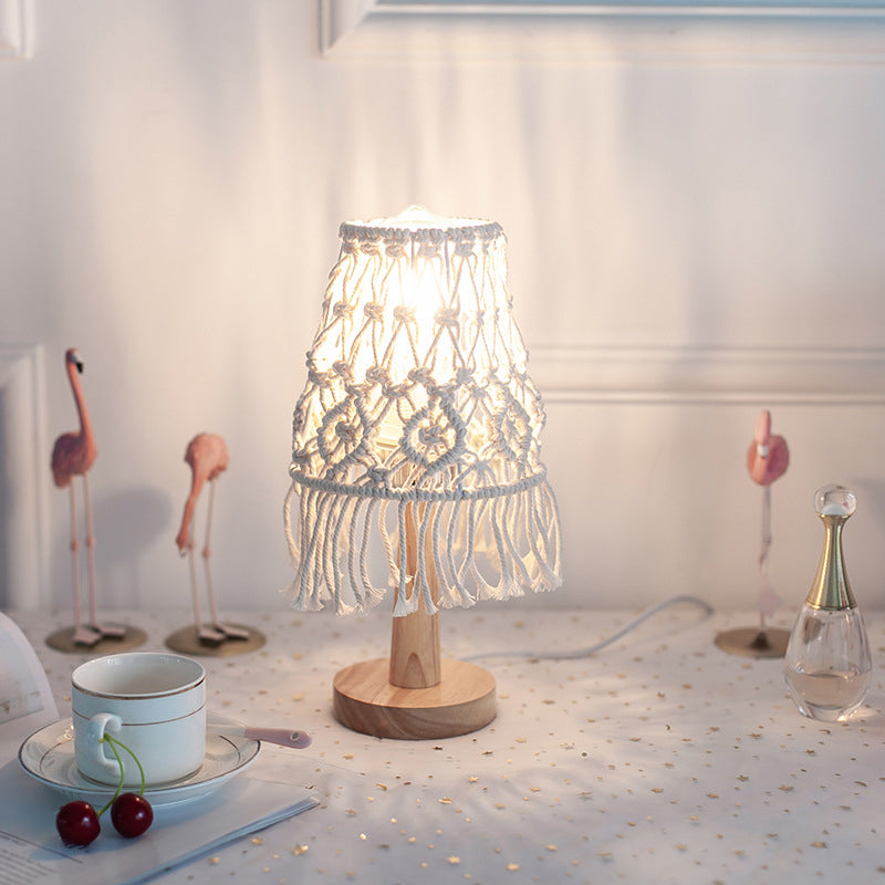 Yellow Cone Nightstand Lighting Rural Rope 1 Light Bedroom Night Lamp with Wood Base Clearhalo 'Lamps' 'Table Lamps' Lighting' 2017756