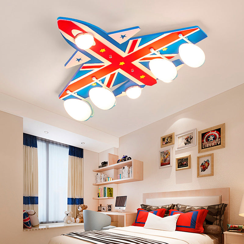 Kindergarten Fighter Plane Ceiling Light Wood American Style Blue & Red Flush Mount Light Clearhalo 'Ceiling Lights' 'Close To Ceiling Lights' 'Close to ceiling' 'Glass shade' 'Glass' Lighting' 201797