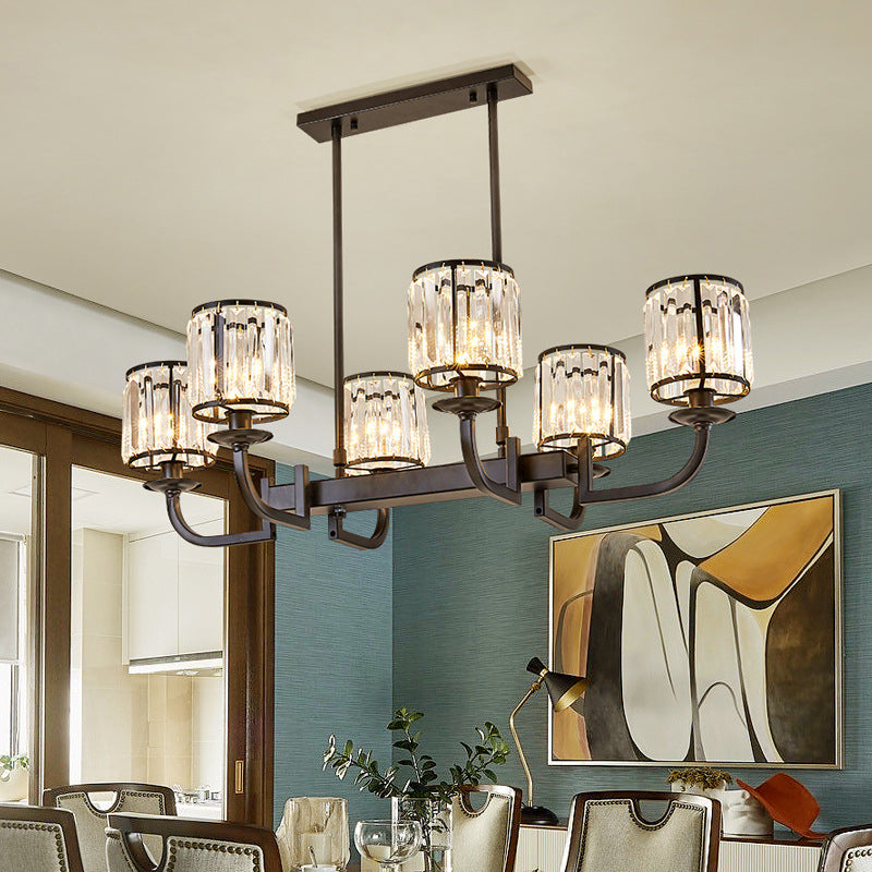 Cylinder Dining Room Island Light Fixture Classic Faceted Crystal 7 Heads Black Pendant Lamp Clearhalo 'Ceiling Lights' 'Island Lights' Lighting' 2018154