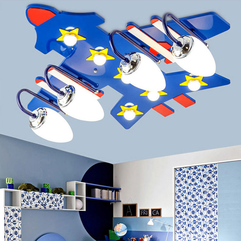 4 Bulbs Airplane Ceiling Light American Style Wooden Flush Mount Light in Blue for Kid Room Blue Clearhalo 'Ceiling Lights' 'Close To Ceiling Lights' 'Close to ceiling' 'Glass shade' 'Glass' Lighting' 201818