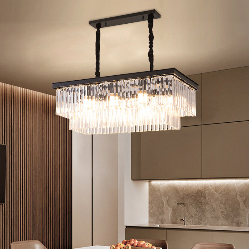 8 Bulbs Island Lamp Country Dining Room Hanging Light Kit with Rectangle Faceted Crystal Shade Clearhalo 'Ceiling Lights' 'Island Lights' Lighting' 2018198