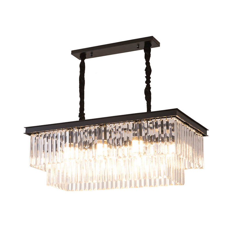 8 Bulbs Island Lamp Country Dining Room Hanging Light Kit with Rectangle Faceted Crystal Shade Black Clearhalo 'Ceiling Lights' 'Island Lights' Lighting' 2018200