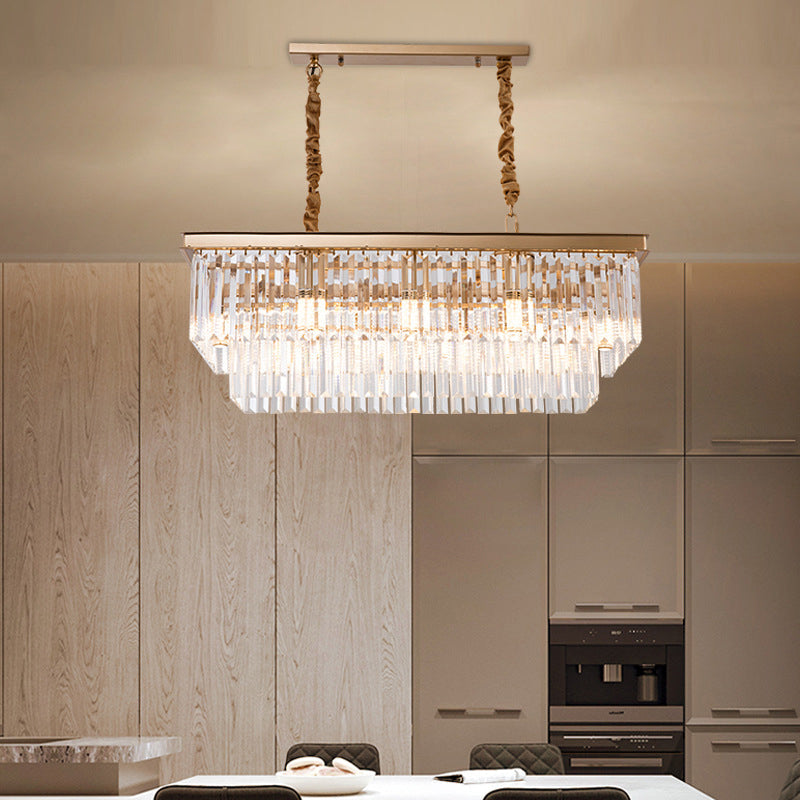 8 Bulbs Island Lamp Country Dining Room Hanging Light Kit with Rectangle Faceted Crystal Shade Clearhalo 'Ceiling Lights' 'Island Lights' Lighting' 2018202