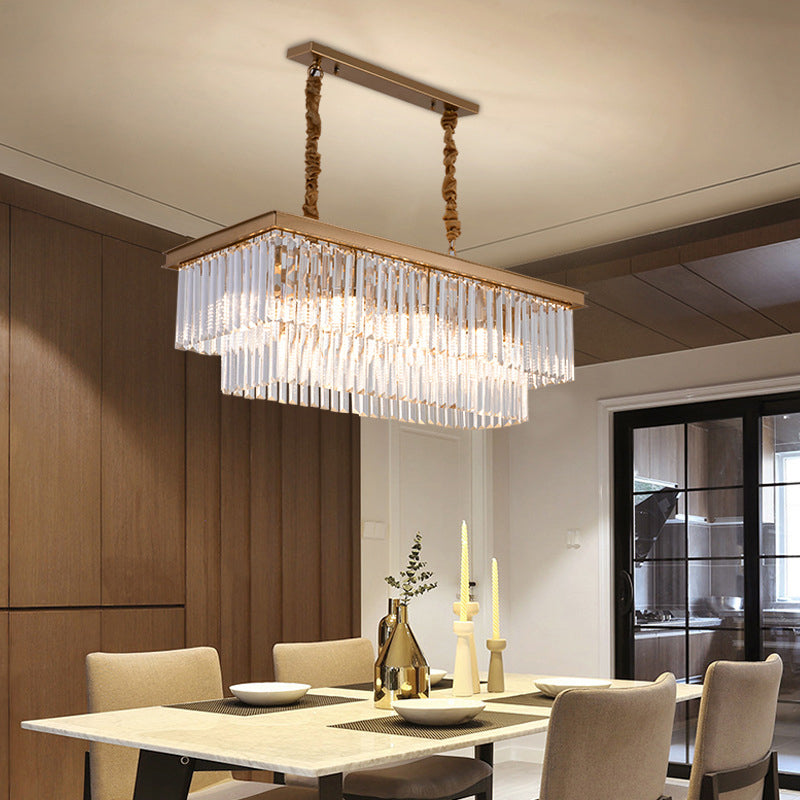 8 Bulbs Island Lamp Country Dining Room Hanging Light Kit with Rectangle Faceted Crystal Shade Clearhalo 'Ceiling Lights' 'Island Lights' Lighting' 2018203