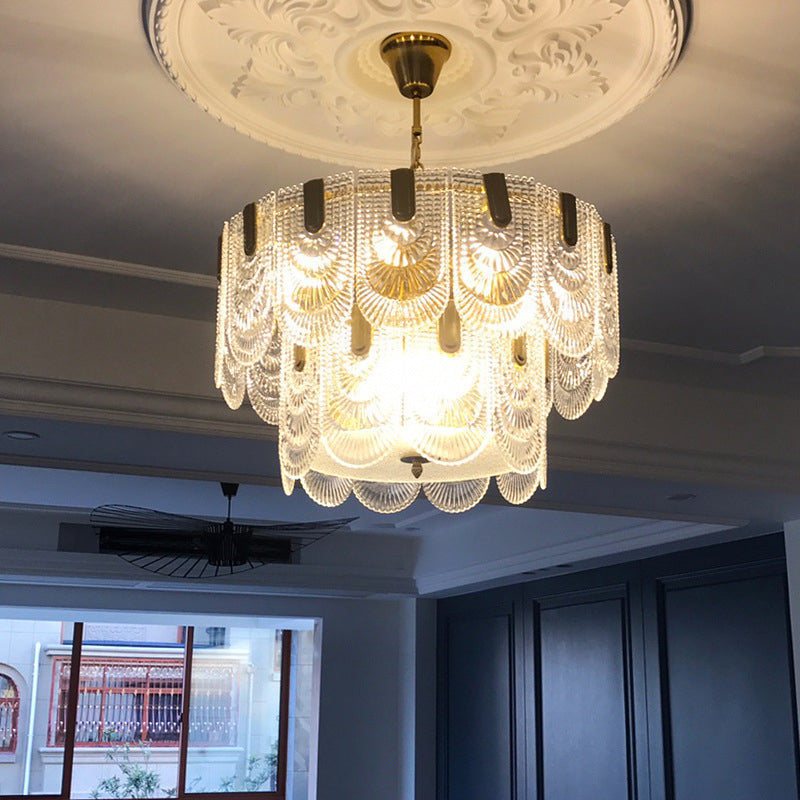 Scalloped Clear Textured Glass Drop Lamp Classic Dining Room Chandelier Light Fixture in Brass Brass 2 Tiers Clearhalo 'Ceiling Lights' 'Chandeliers' Lighting' options 2018252_6cf52749-9225-4a72-88d5-384324305370