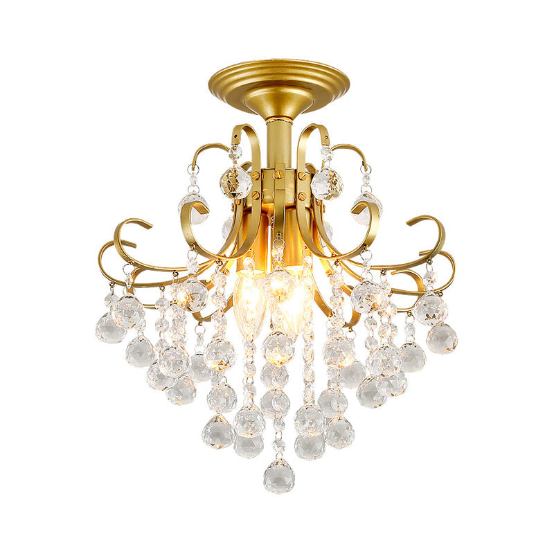 Farmhouse Bent Arm Frame Ceiling Light 3 Lights Metal Semi Flush Mount with Crystal Droplet Clearhalo 'Ceiling Lights' 'Close To Ceiling Lights' 'Close to ceiling' 'Semi-flushmount' Lighting' 2018292