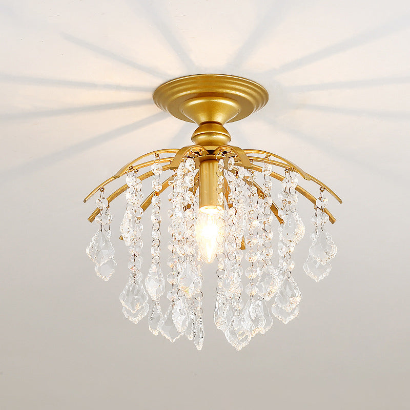 Metal Branch Semi Flush Mount Lighting Rural 1 Head Hallway Crystal Ceiling Light Fixture Brass A Clearhalo 'Ceiling Lights' 'Close To Ceiling Lights' 'Close to ceiling' 'Semi-flushmount' Lighting' 2018303