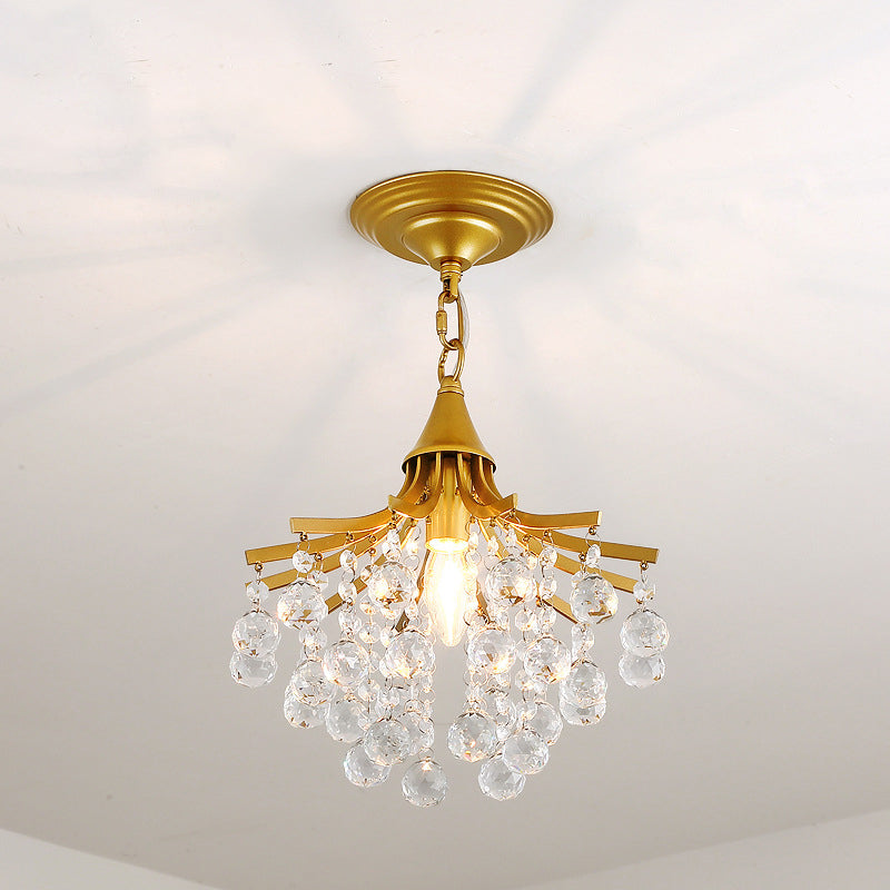 Metal Branch Semi Flush Mount Lighting Rural 1 Head Hallway Crystal Ceiling Light Fixture Brass B Clearhalo 'Ceiling Lights' 'Close To Ceiling Lights' 'Close to ceiling' 'Semi-flushmount' Lighting' 2018304