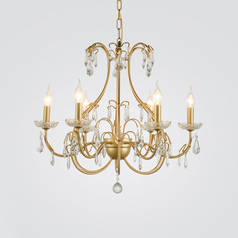 Brass Teardrop Chandelier Lamp Countryside Metal 8 Bulbs Living Room Pendant Light Kit with Dangling Crystal 6 Brass Clearhalo 'Ceiling Lights' 'Chandeliers' Lighting' options 2018442_572505ae-d461-4dfe-af07-5d0fc72cda74