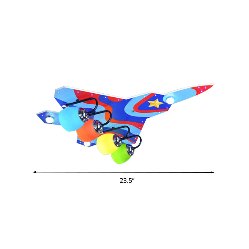 Boys Bedroom Attack Aircraft Ceiling Fixture Wood 4 Lights Kids Multi-Colored Flush Ceiling Light Clearhalo 'Ceiling Lights' 'Close To Ceiling Lights' 'Close to ceiling' 'Glass shade' 'Glass' Lighting' 201845