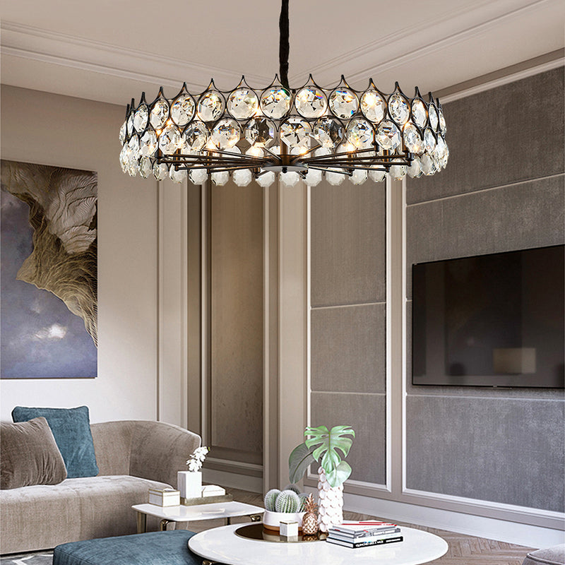 Black Circle Pendant Chandelier Country Clear Crystal Living Room Suspension Light with Sputnik Design Clearhalo 'Ceiling Lights' 'Chandeliers' Lighting' options 2018474