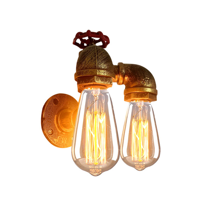 Curved Pipe Metal Wall Lighting Factory 2 Heads Dining Room Wall Light Sconce in Rust with Valve Decoration Clearhalo 'Art deco wall lights' 'Cast Iron' 'Glass' 'Industrial wall lights' 'Industrial' 'Middle century wall lights' 'Modern' 'Rustic wall lights' 'Tiffany' 'Traditional wall lights' 'Wall Lamps & Sconces' 'Wall Lights' Lighting' 2018545