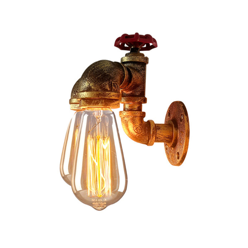 Curved Pipe Metal Wall Lighting Factory 2 Heads Dining Room Wall Light Sconce in Rust with Valve Decoration Clearhalo 'Art deco wall lights' 'Cast Iron' 'Glass' 'Industrial wall lights' 'Industrial' 'Middle century wall lights' 'Modern' 'Rustic wall lights' 'Tiffany' 'Traditional wall lights' 'Wall Lamps & Sconces' 'Wall Lights' Lighting' 2018546