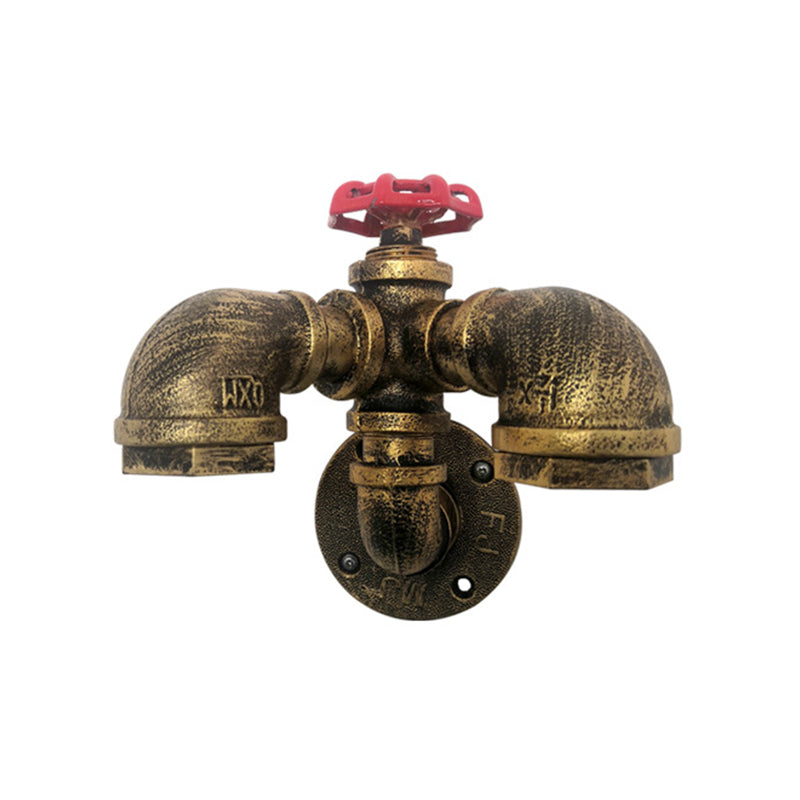 Curved Pipe Metal Wall Lighting Factory 2 Heads Dining Room Wall Light Sconce in Rust with Valve Decoration Clearhalo 'Art deco wall lights' 'Cast Iron' 'Glass' 'Industrial wall lights' 'Industrial' 'Middle century wall lights' 'Modern' 'Rustic wall lights' 'Tiffany' 'Traditional wall lights' 'Wall Lamps & Sconces' 'Wall Lights' Lighting' 2018548