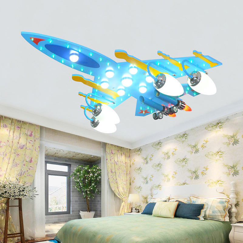 Attack Aircraft Kindergarten Flush Ceiling Light Wood Cartoon Cool LED Ceiling Lamp in Blue Blue Clearhalo 'Ceiling Lights' 'Close To Ceiling Lights' 'Close to ceiling' 'Glass shade' 'Glass' Lighting' 201878