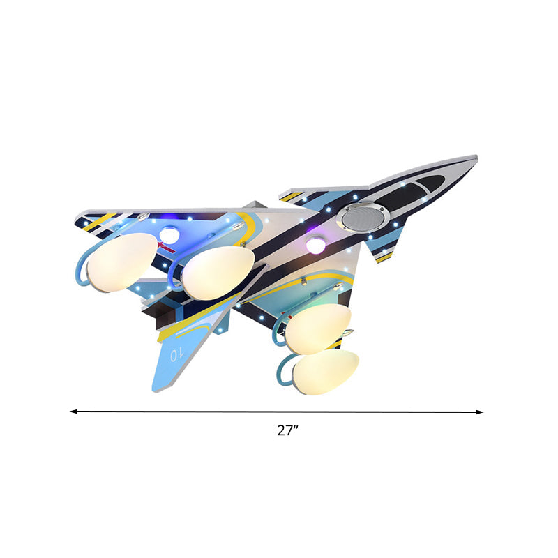 Amusement Park Attack Aircraft Ceiling Mount Light Wood 4 Heads Kids Blue Ceiling Lamp Clearhalo 'Ceiling Lights' 'Close To Ceiling Lights' 'Close to ceiling' 'Glass shade' 'Glass' 'Pendant Lights' Lighting' 201898