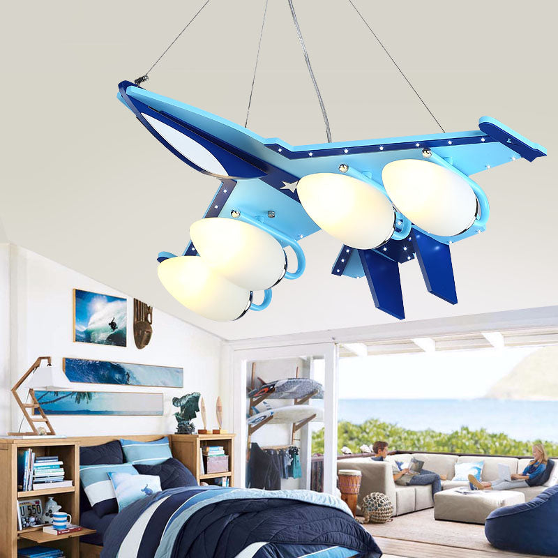 Kindergarten Combat Aircraft Chandelier Wood 4 Lights Contemporary Sky Blue Ceiling Lamp Clearhalo 'Ceiling Lights' 'Chandeliers' Lighting' options 201966