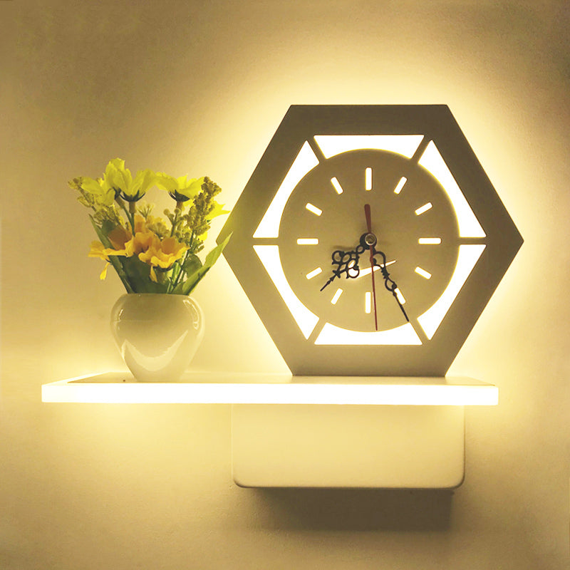 Restaurant Cafe Wall Sconce with Shelf Acrylic Modern Creative Sconce Light in White White Clock Clearhalo 'Wall Lamps & Sconces' 'Wall Lights' Lighting' 202204
