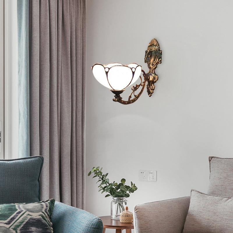 Blue/Beige Flower Shade Wall Sconce Light Stained Glass 1 Head Wall Mount Light in Antique Brass Blue Clearhalo 'Industrial' 'Middle century wall lights' 'Tiffany wall lights' 'Tiffany' 'Wall Lamps & Sconces' 'Wall Lights' Lighting' 20242