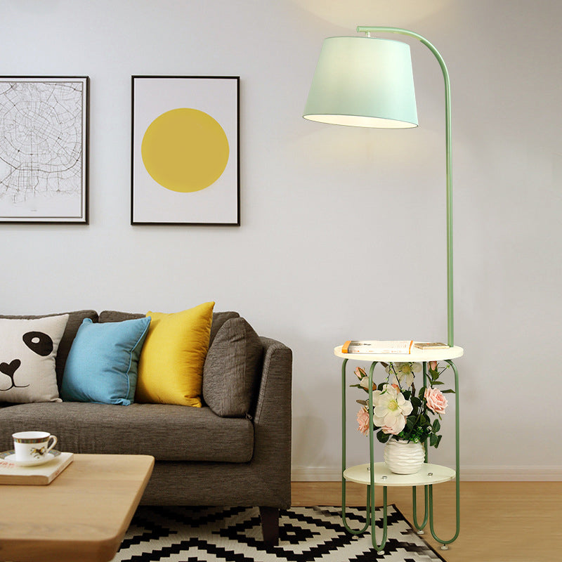 Modernist Drum Standing Lighting Fabric 1 Light Living Room Floor Light with 2-Layer Tray Clearhalo 'Floor Lamps' 'Lamps' Lighting' 2024493