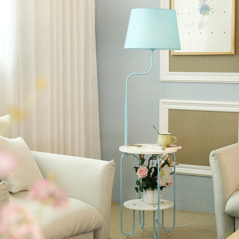 Modernist Drum Standing Lighting Fabric 1 Light Living Room Floor Light with 2-Layer Tray Blue B Clearhalo 'Floor Lamps' 'Lamps' Lighting' 2024499