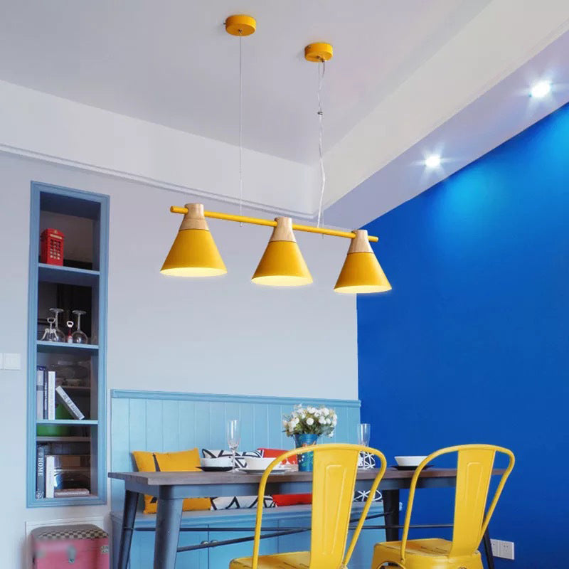Metallic Cone Hanging Light Kit Modernism 3 Heads Island Lighting Fixture with Wood Top Yellow Clearhalo 'Ceiling Lights' 'Island Lights' Lighting' 2024501
