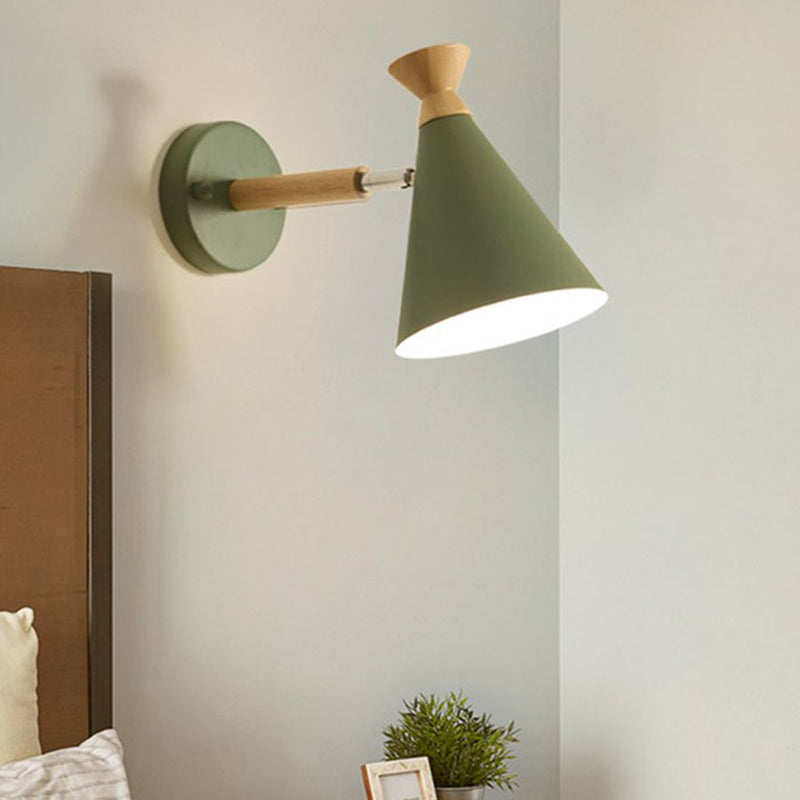 Iron Conical Wall Mounted Lamp Contemporary 1 Bulb Wall Lighting Ideas with Wood Top Green Clearhalo 'Cast Iron' 'Glass' 'Industrial' 'Modern wall lights' 'Modern' 'Tiffany' 'Traditional wall lights' 'Wall Lamps & Sconces' 'Wall Lights' Lighting' 2024531