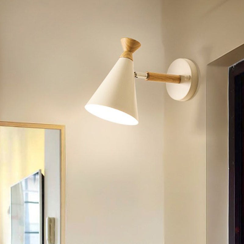 Iron Conical Wall Mounted Lamp Contemporary 1 Bulb Wall Lighting Ideas with Wood Top White Clearhalo 'Cast Iron' 'Glass' 'Industrial' 'Modern wall lights' 'Modern' 'Tiffany' 'Traditional wall lights' 'Wall Lamps & Sconces' 'Wall Lights' Lighting' 2024532