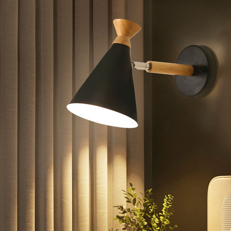 Iron Conical Wall Mounted Lamp Contemporary 1 Bulb Wall Lighting Ideas with Wood Top Black Clearhalo 'Cast Iron' 'Glass' 'Industrial' 'Modern wall lights' 'Modern' 'Tiffany' 'Traditional wall lights' 'Wall Lamps & Sconces' 'Wall Lights' Lighting' 2024534