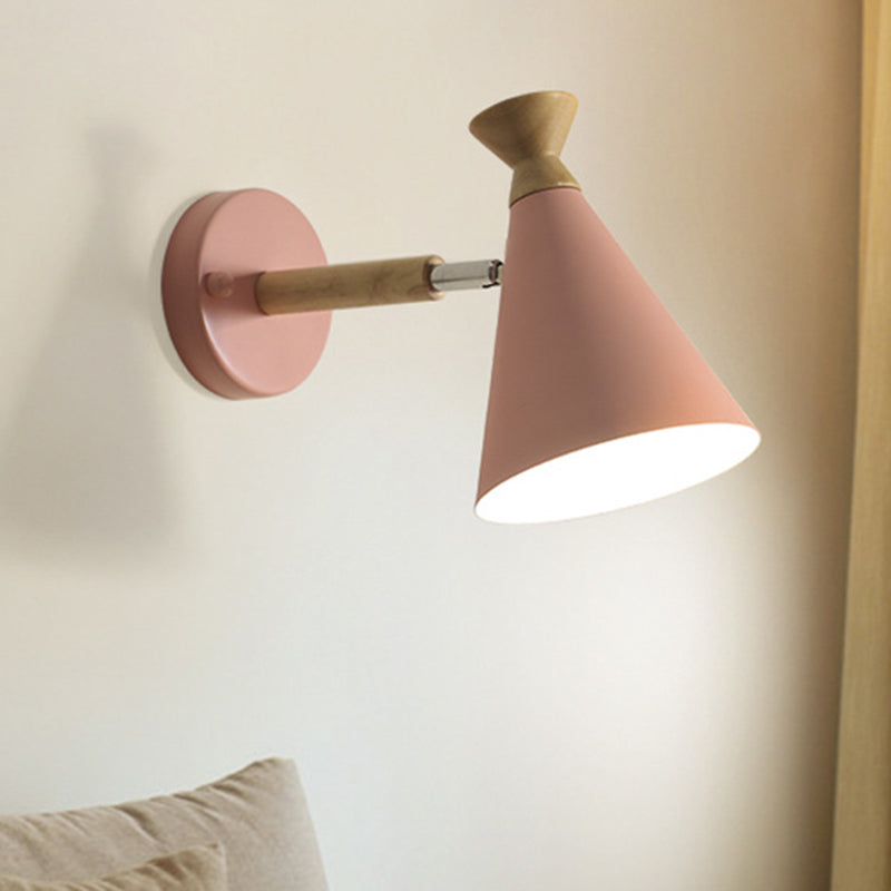 Iron Conical Wall Mounted Lamp Contemporary 1 Bulb Wall Lighting Ideas with Wood Top Pink Clearhalo 'Cast Iron' 'Glass' 'Industrial' 'Modern wall lights' 'Modern' 'Tiffany' 'Traditional wall lights' 'Wall Lamps & Sconces' 'Wall Lights' Lighting' 2024536