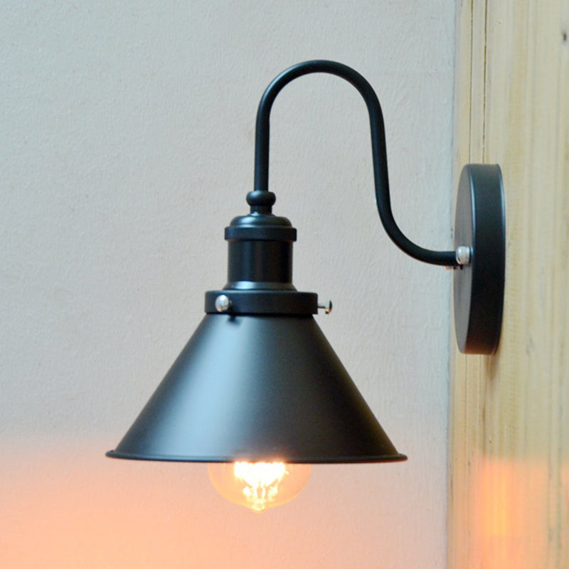 1-Bulb Wall Hanging Light Warehouse Bedside Wall Lighting with Conic Metal Shade in Black Clearhalo 'Art deco wall lights' 'Cast Iron' 'Glass' 'Industrial wall lights' 'Industrial' 'Middle century wall lights' 'Modern' 'Rustic wall lights' 'Tiffany' 'Traditional wall lights' 'Wall Lamps & Sconces' 'Wall Lights' Lighting' 2024659