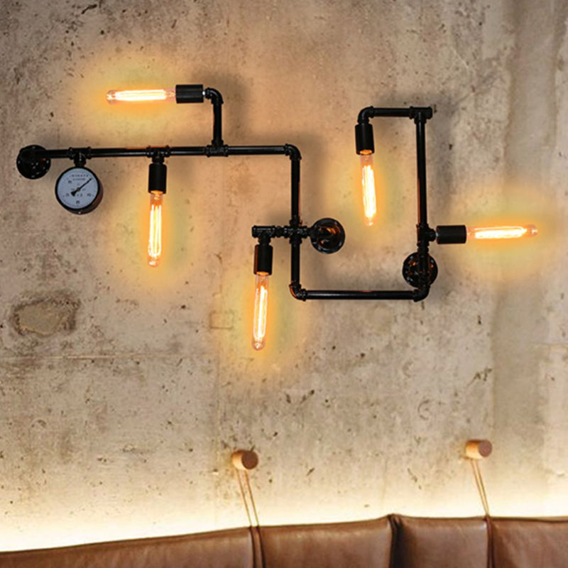 Black Water Pipe Wall Sconce Lighting Industrial Iron Restaurant Wall Light Fixture Black B Clearhalo 'Art deco wall lights' 'Cast Iron' 'Glass' 'Industrial wall lights' 'Industrial' 'Middle century wall lights' 'Modern' 'Rustic wall lights' 'Tiffany' 'Traditional wall lights' 'Wall Lamps & Sconces' 'Wall Lights' Lighting' 2025150