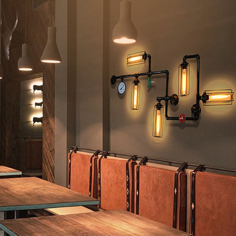Black Water Pipe Wall Sconce Lighting Industrial Iron Restaurant Wall Light Fixture Black E Clearhalo 'Art deco wall lights' 'Cast Iron' 'Glass' 'Industrial wall lights' 'Industrial' 'Middle century wall lights' 'Modern' 'Rustic wall lights' 'Tiffany' 'Traditional wall lights' 'Wall Lamps & Sconces' 'Wall Lights' Lighting' 2025153