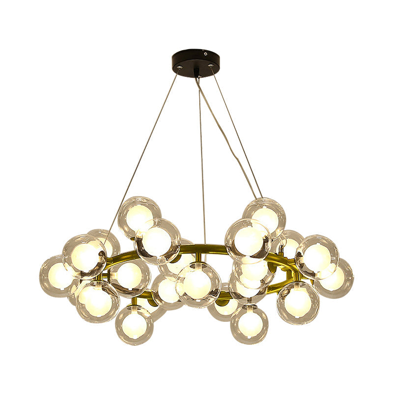Global Shade Ceiling Light Fixture Modernist Glass 15/25 Bulbs Black/Gold Finish Chandelier Lamp with Metal Ring Clearhalo 'Ceiling Lights' 'Chandeliers' 'Glass shade' 'Glass' 'Modern Chandeliers' 'Modern' Lighting' 202520