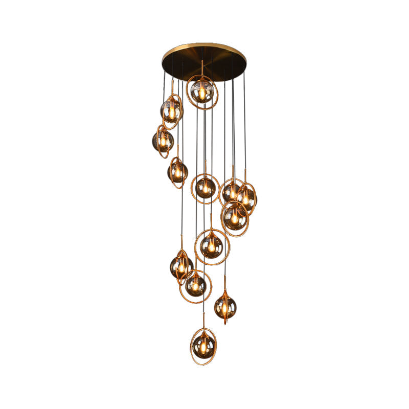 Modernist 13 Heads Cluster Pendant Light Black Spherical Hanging Lamp Kit with Glass Shade 13 Amber A Clearhalo 'Ceiling Lights' 'Modern Pendants' 'Modern' 'Pendant Lights' 'Pendants' Lighting' 2025434