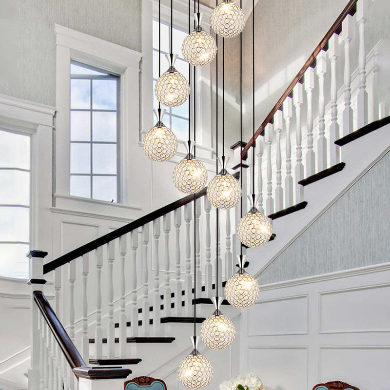Ball Spiral Cluster Pendant Light Modern Crystal Embedded 10-Light Hanging Lighting Silver Round Clearhalo 'Ceiling Lights' 'Modern Pendants' 'Modern' 'Pendant Lights' 'Pendants' Lighting' 2025608