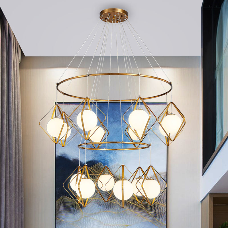 Simple Multi Light Pendant Global Metallic Pendulum Lamp with Opal Glass Shade for Living Room Clearhalo 'Ceiling Lights' 'Modern Pendants' 'Modern' 'Pendant Lights' 'Pendants' Lighting' 2025641