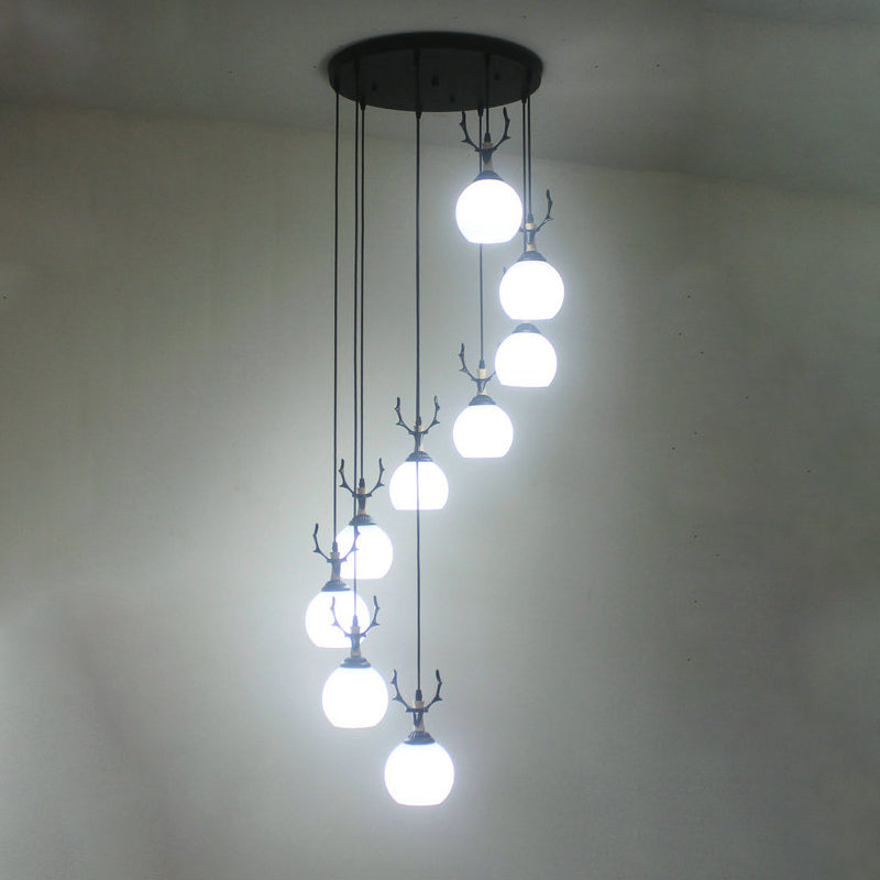 Milky Glass Global Spiral Multi Pendant Simple Hanging Ceiling Light in Black for Stairs Clearhalo 'Ceiling Lights' 'Modern Pendants' 'Modern' 'Pendant Lights' 'Pendants' Lighting' 2025704