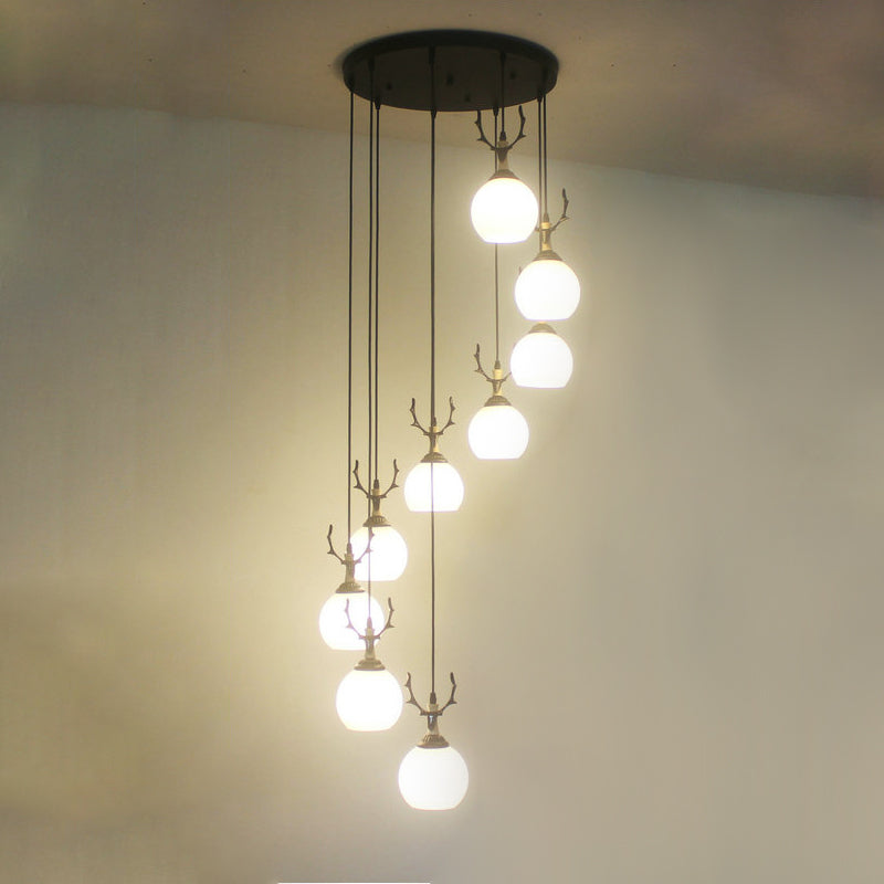 Milky Glass Global Spiral Multi Pendant Simple Hanging Ceiling Light in Black for Stairs Clearhalo 'Ceiling Lights' 'Modern Pendants' 'Modern' 'Pendant Lights' 'Pendants' Lighting' 2025705