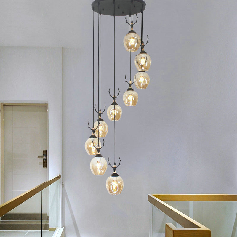 9 Heads Corridor Multi Light Pendant Modern Black Ceiling Lamp with Cup Dimpled Glass Shade 9 Cognac C Clearhalo 'Ceiling Lights' 'Modern Pendants' 'Modern' 'Pendant Lights' 'Pendants' Lighting' 2025755