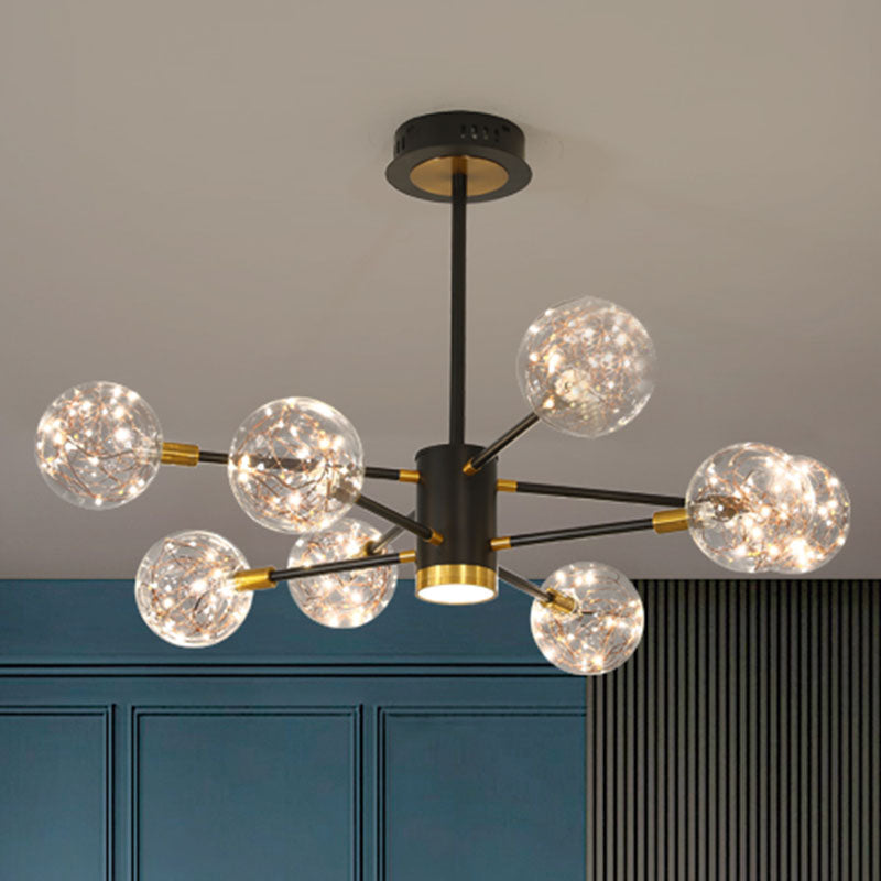 Starburst Hanging Ceiling Light Modern Metal Living Room LED Chandelier with Orb Glass Shade 8 Black Clearhalo 'Ceiling Lights' 'Chandeliers' 'Glass shade' 'Glass' 'Modern Chandeliers' 'Modern' Lighting' 2025892