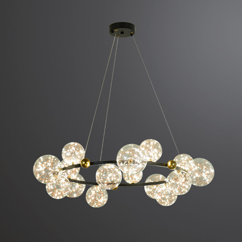 Ring Metal Chandelier Simple LED Starry Pendant Lamp with Globe Clear Glass Shade 15 Black Clearhalo 'Ceiling Lights' 'Chandeliers' 'Glass shade' 'Glass' 'Modern Chandeliers' 'Modern' Lighting' 2025942