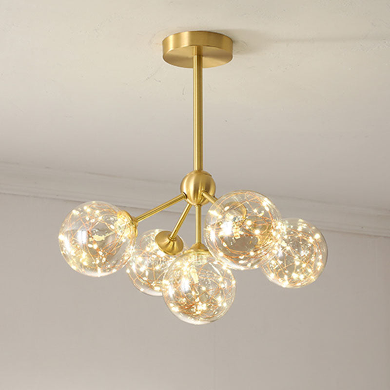 Simple LED Pendant Chandelier Brass Sphere Starry Hanging Lighting with Glass Shade Clearhalo 'Ceiling Lights' 'Chandeliers' 'Modern Chandeliers' 'Modern' Lighting' 2025980