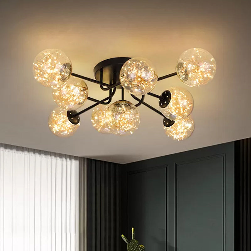 Sputnik Metal Ceiling Lamp Modern Starry LED Black Semi Flush with Global Glass Shade 9 Amber Clearhalo 'Ceiling Lights' 'Close To Ceiling Lights' 'Close to ceiling' 'Semi-flushmount' Lighting' 2026088