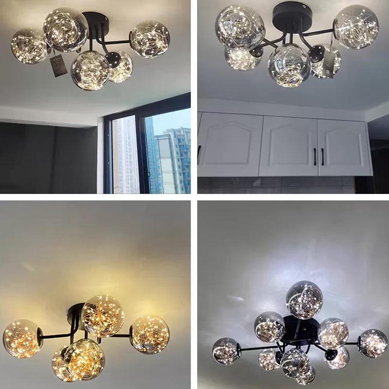 Sputnik Metal Ceiling Lamp Modern Starry LED Black Semi Flush with Global Glass Shade Clearhalo 'Ceiling Lights' 'Close To Ceiling Lights' 'Close to ceiling' 'Semi-flushmount' Lighting' 2026090