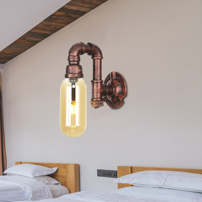 1 Light Amber Glass Wall Lamp Industrial Weathered Copper Oval Shade Bedroom Sconce Light Fixture, 9.5"/10"/12" H Weathered Copper 9.5" Clearhalo 'Art deco wall lights' 'Cast Iron' 'Glass' 'Industrial wall lights' 'Industrial' 'Middle century wall lights' 'Modern' 'Rustic wall lights' 'Tiffany' 'Traditional wall lights' 'Wall Lamps & Sconces' 'Wall Lights' Lighting' 202896