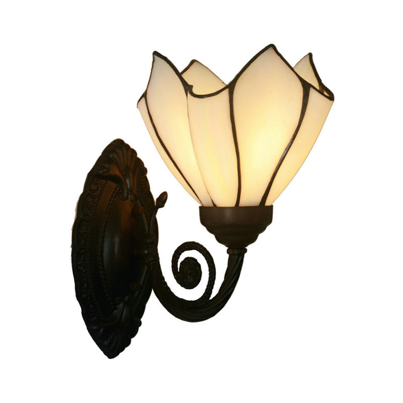 Hand Cut Glass Floral Wall Lighting Mediterranean 1 Bulb Black Wall Mounted Lamp with Curved Arm White Up Clearhalo 'Art deco wall lights' 'Cast Iron' 'Glass' 'Industrial' 'Middle century wall lights' 'Modern' 'Tiffany wall lights' 'Tiffany' 'Traditional wall lights' 'Wall Lamps & Sconces' 'Wall Lights' Lighting' 2029117