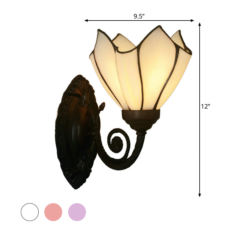 Hand Cut Glass Floral Wall Lighting Mediterranean 1 Bulb Black Wall Mounted Lamp with Curved Arm Clearhalo 'Art deco wall lights' 'Cast Iron' 'Glass' 'Industrial' 'Middle century wall lights' 'Modern' 'Tiffany wall lights' 'Tiffany' 'Traditional wall lights' 'Wall Lamps & Sconces' 'Wall Lights' Lighting' 2029118