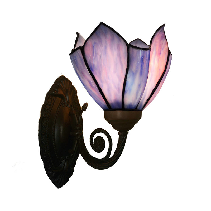 Hand Cut Glass Floral Wall Lighting Mediterranean 1 Bulb Black Wall Mounted Lamp with Curved Arm Purple Up Clearhalo 'Art deco wall lights' 'Cast Iron' 'Glass' 'Industrial' 'Middle century wall lights' 'Modern' 'Tiffany wall lights' 'Tiffany' 'Traditional wall lights' 'Wall Lamps & Sconces' 'Wall Lights' Lighting' 2029119