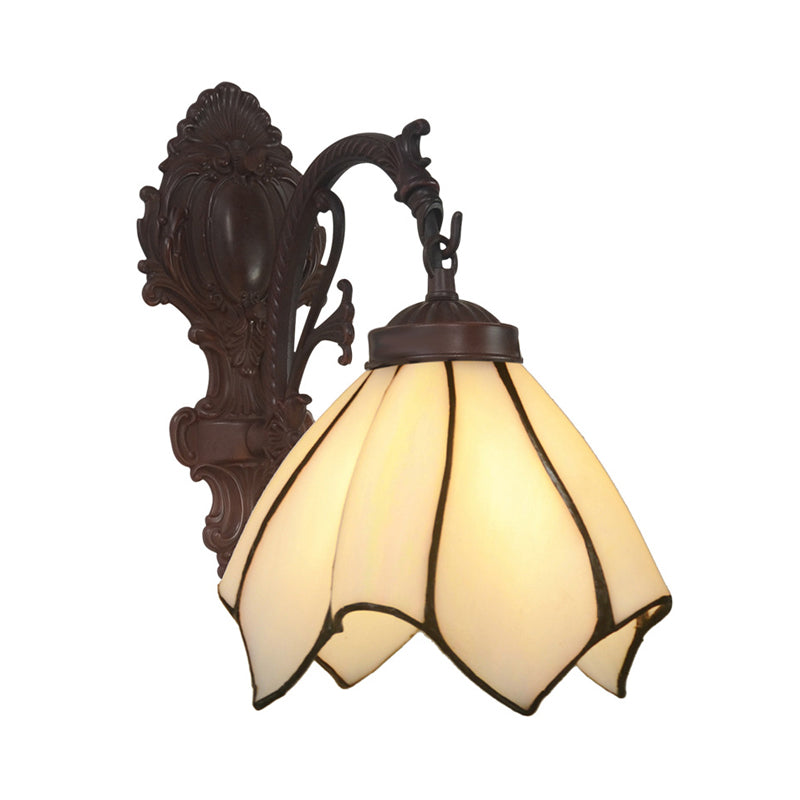 Hand Cut Glass Floral Wall Lighting Mediterranean 1 Bulb Black Wall Mounted Lamp with Curved Arm White Down Clearhalo 'Art deco wall lights' 'Cast Iron' 'Glass' 'Industrial' 'Middle century wall lights' 'Modern' 'Tiffany wall lights' 'Tiffany' 'Traditional wall lights' 'Wall Lamps & Sconces' 'Wall Lights' Lighting' 2029120